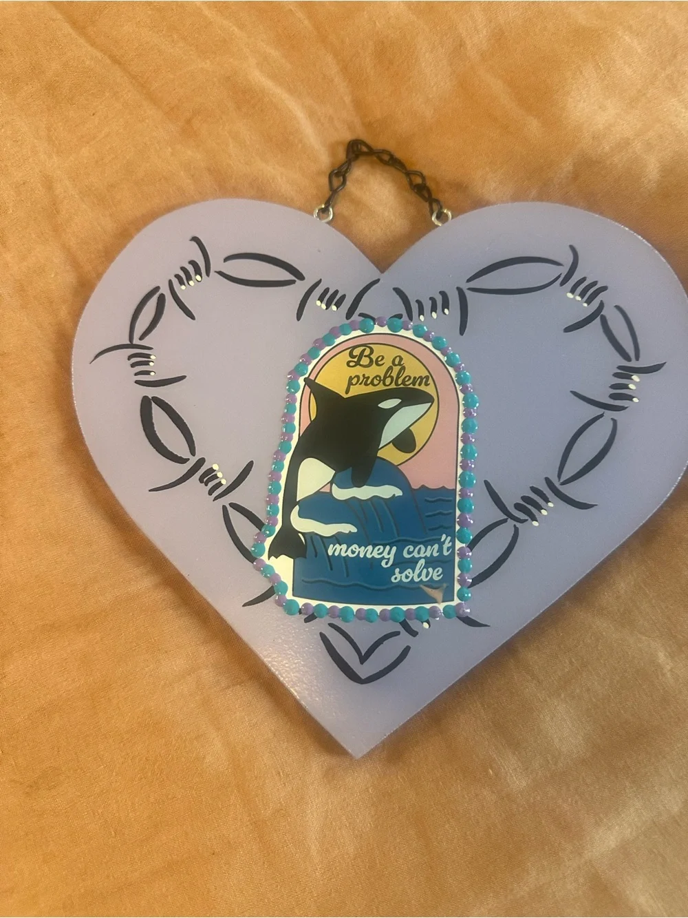 Lavender Heart Wall Plaque with Whale Graphic and painted Barb wire